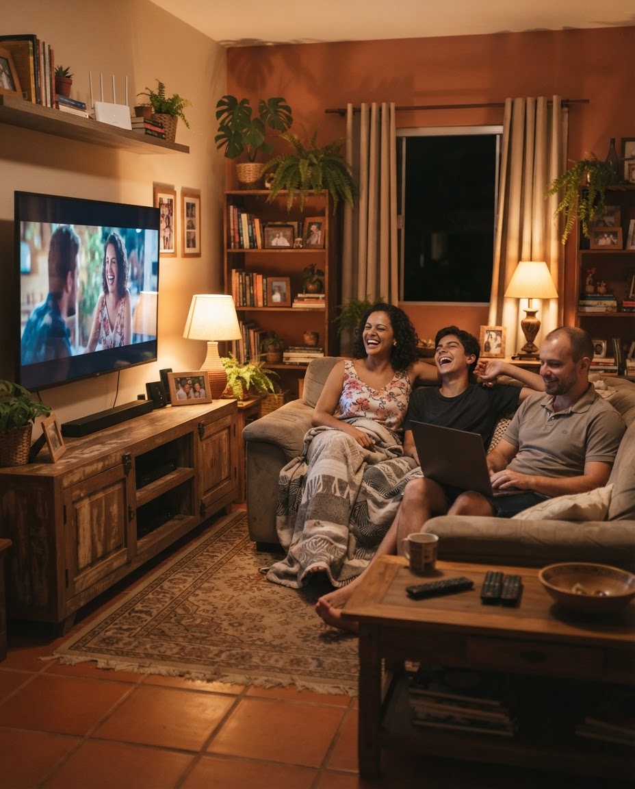 Família usando a internet fibra da Cyber Net Telecom